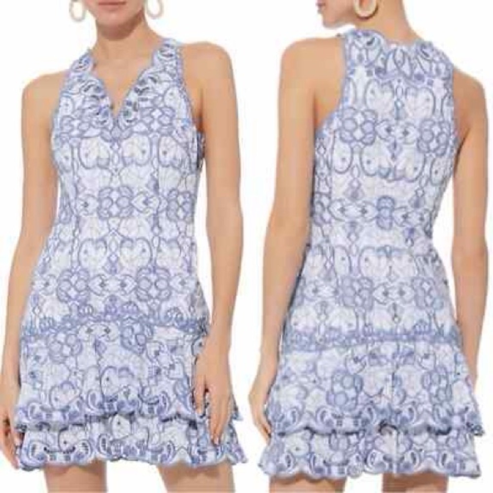 Jonathan Simkhai Scallop Embroidered Lace Tiered Fit Flare V-neck Dress (D6)